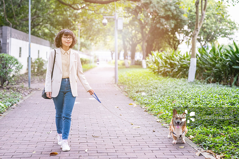 女人牵着一只柯基狗图片素材