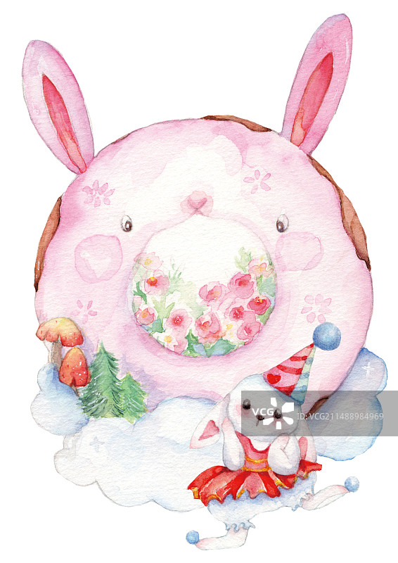 卡通呆萌的小白兔气球糖果小丑演员节日马戏演出宣传促销表演清新手绘儿童插画图片素材