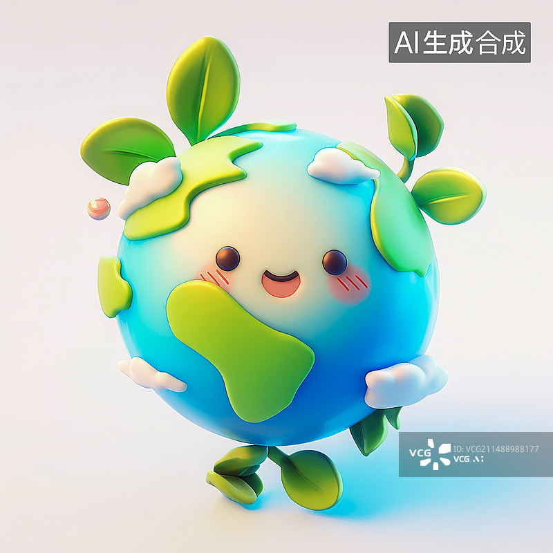 【AI数字艺术】纯色背景，一个3D可爱的Q版地球，环保理念图片素材