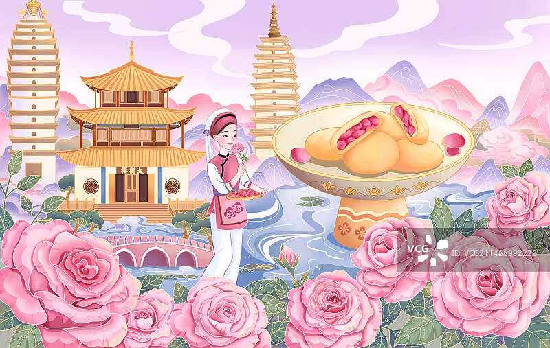 国潮风云南旅游特产美食玫瑰鲜花饼地标建筑景点彩云之南文旅宣传横图图片素材