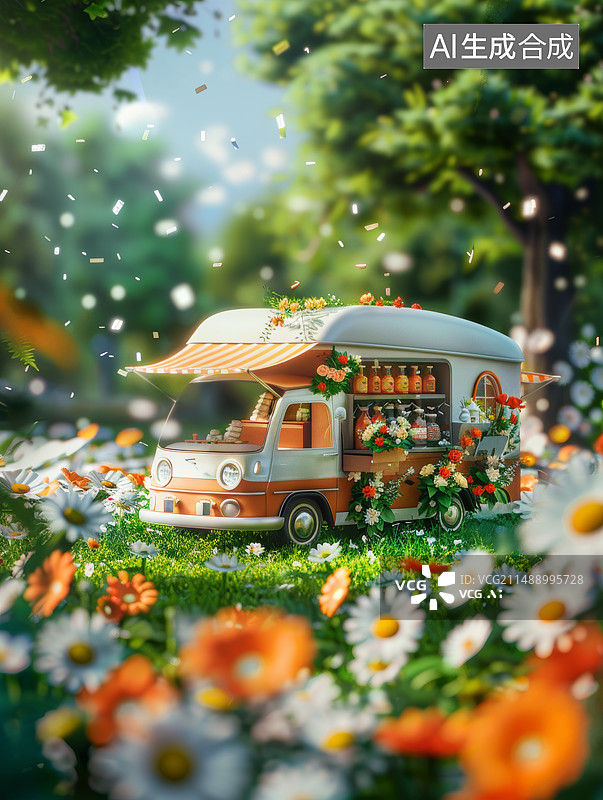 【AI数字艺术】微缩景观花丛里的冷饮车图片素材