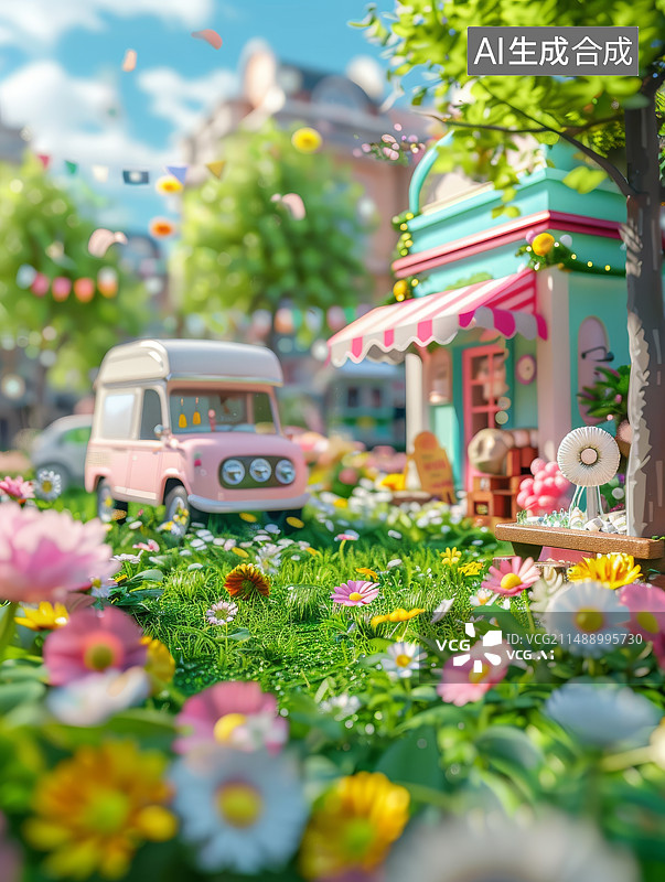 【AI数字艺术】微缩景观花丛里的冷饮车图片素材