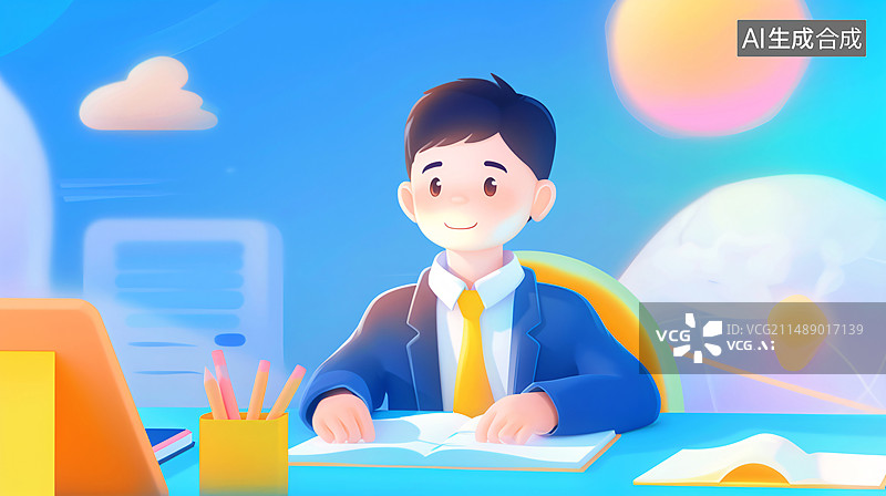 【AI数字艺术】小孩在书桌前努力学习，儿童节开学季毕业季三维渲染图片素材