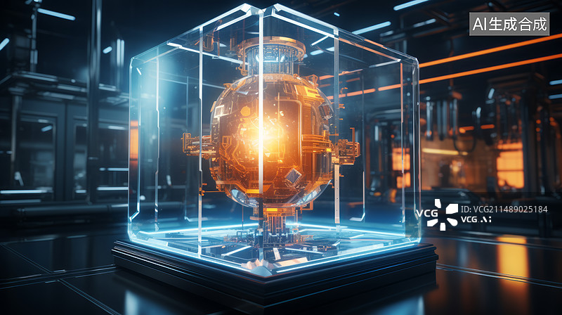 【AI数字艺术】未来科技中透明立方体中的发光能量体图片素材