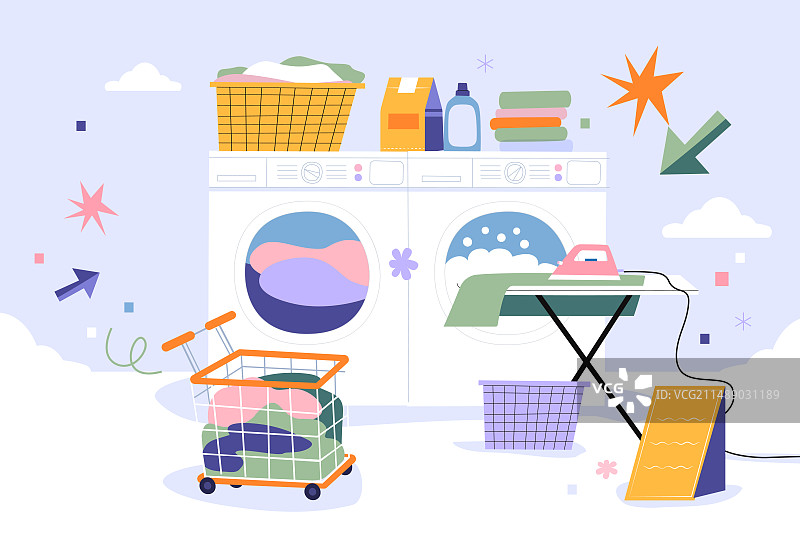 卡通夏季夏天消费电商促销优惠活动洗衣干洗店家政清洁服务情侣居家民宿公寓租房生活娱乐休闲渐变矢量插画图片素材