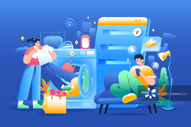 卡通夏季夏天消费电商促销优惠活动洗衣干洗店家政清洁服务情侣居家民宿公寓租房生活娱乐休闲渐变矢量插画图片素材