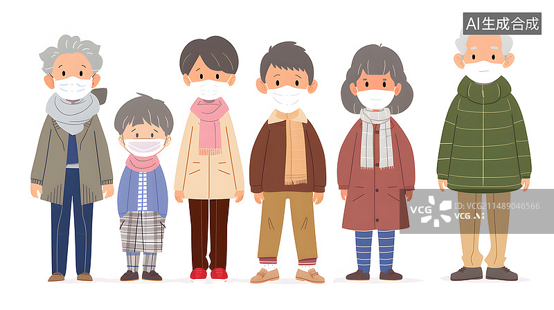 【AI数字艺术】戴着口罩的人，病毒感冒传染概念插画图片素材