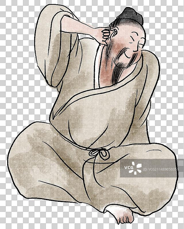 水墨风中国风新中式古风古典传统文化历史古人古装古代古时候坐姿掏耳朵休闲动作卡通元素人物插画图片素材