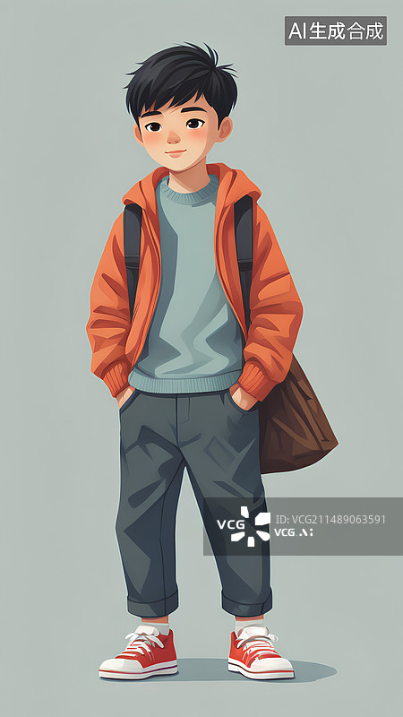 【AI数字艺术】少年男孩平面形象，扁平化风格，插画图片素材