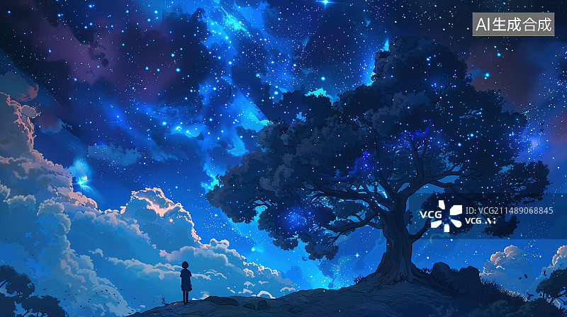 【AI数字艺术】夜幕中站在山上的人的低角度剪影图片素材