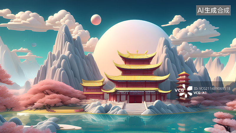 【AI数字艺术】国潮剪纸浮雕风格山水古建筑插画图片素材