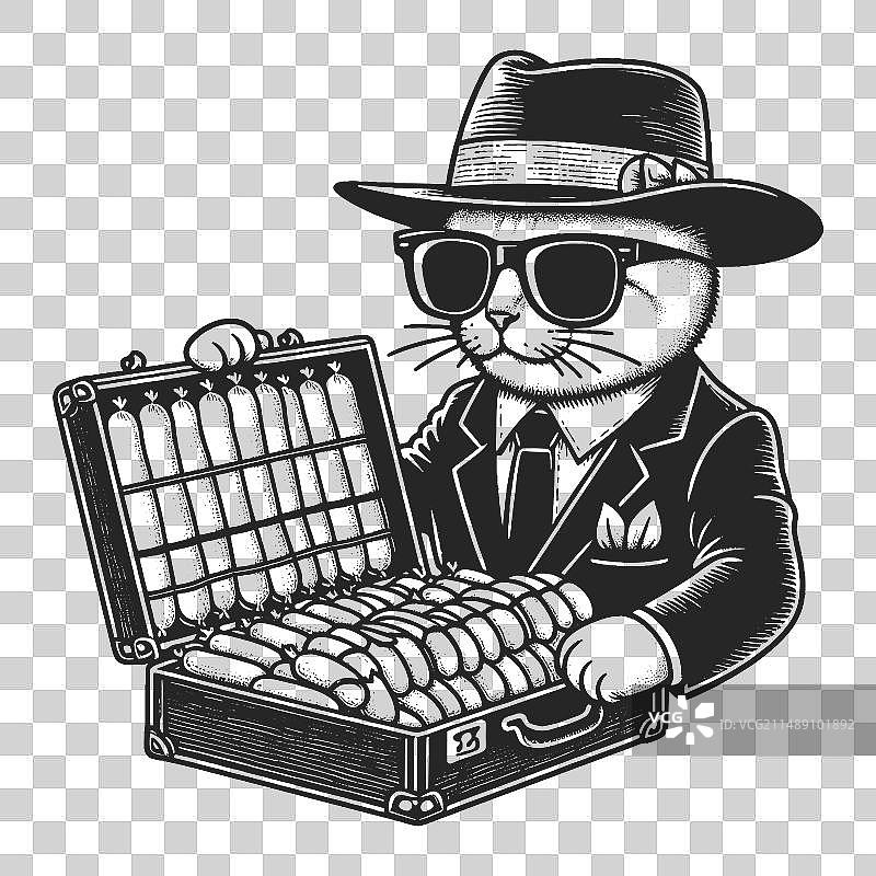 黑帮猫手提箱装满香肠素描图片素材