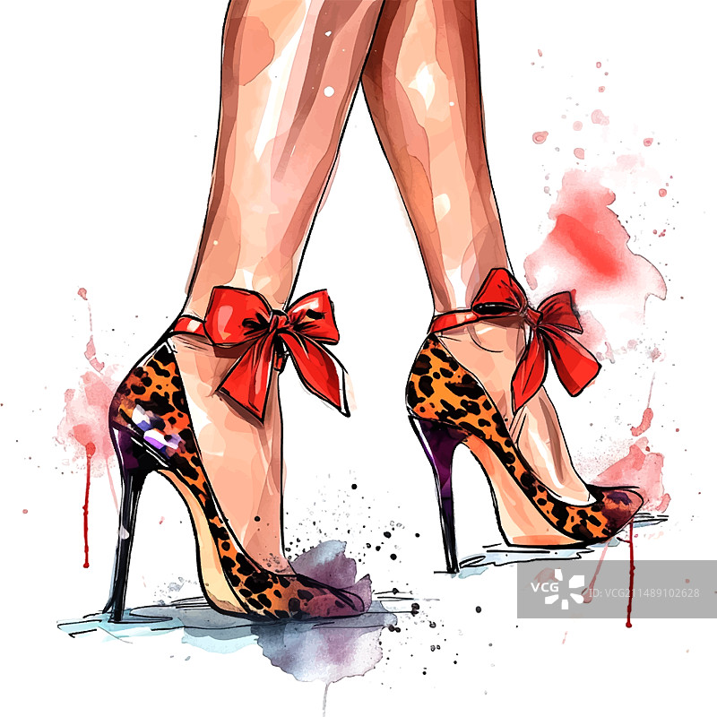 豹纹高跟鞋搭配蝴蝶结的女人腿部图片素材