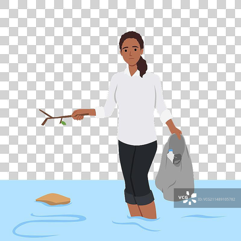 悲伤的女人清理海洋中的塑料垃圾图片素材