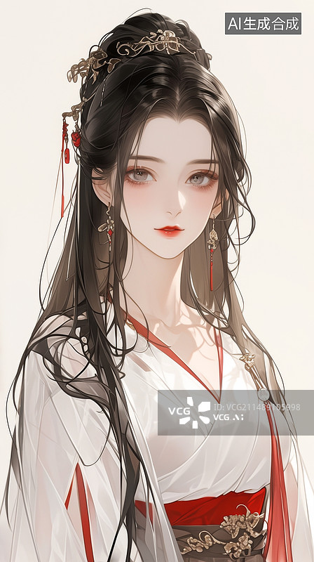 【AI数字艺术】身穿白色汉服的中国风美女半身像工笔画插画图片素材
