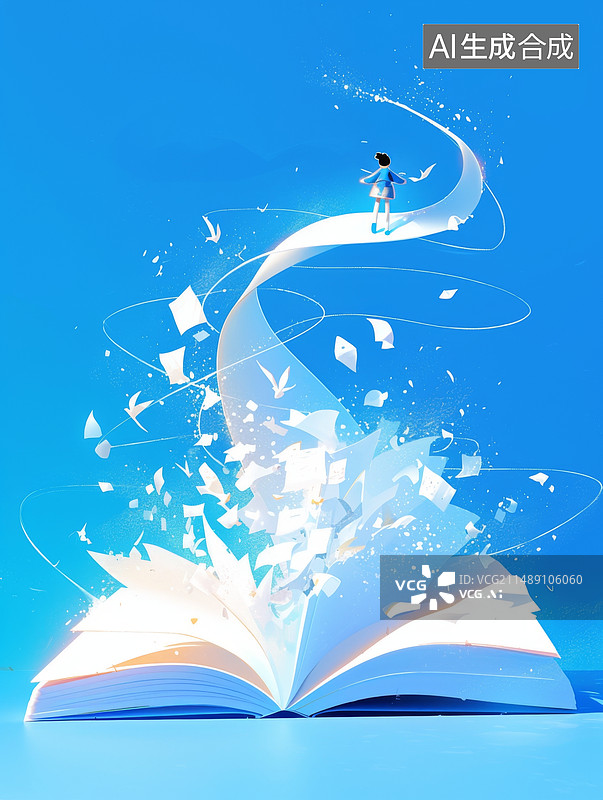 【AI数字艺术】蓝色背景展开书本世界读书日插画图片素材