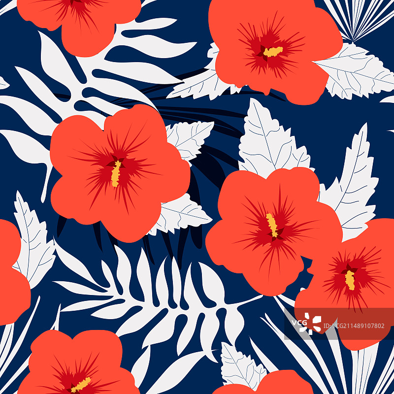 红色芙蓉花与棕榈叶构成图案图片素材