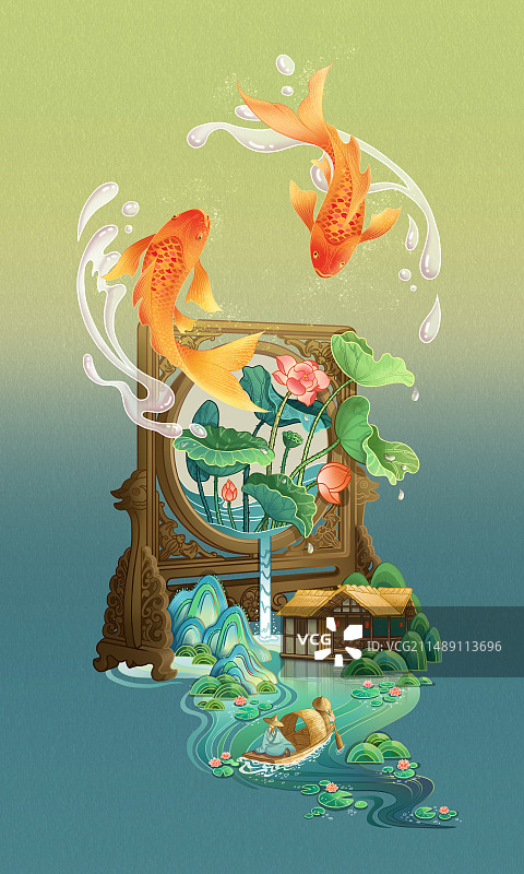 蜀绣台屏锦鲤荷花草堂夏景国潮插画图片素材