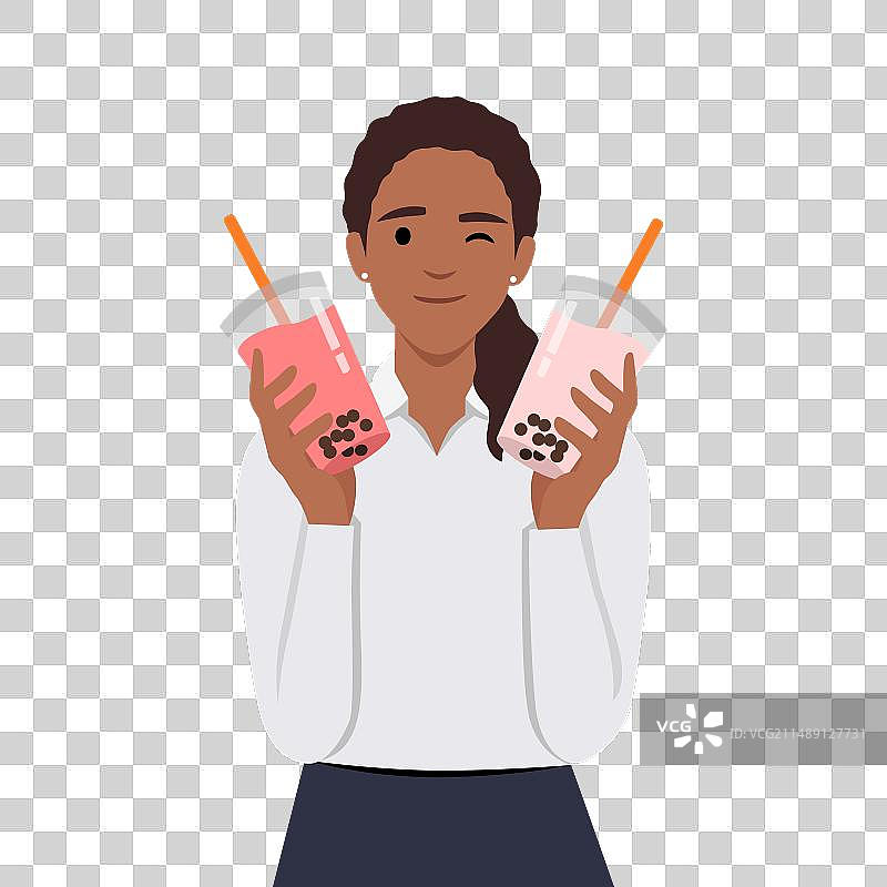 手拿木薯布丁或波霸奶茶的女孩图片素材