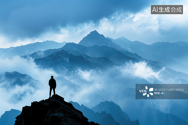 【AI数字艺术】一个站在山顶远眺群山的男人背景图片素材