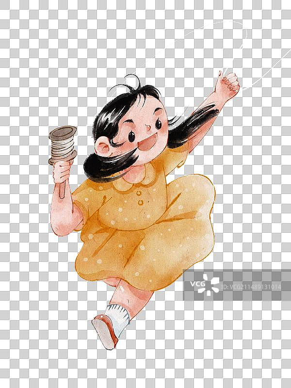 露营素材-手绘水彩-放风筝的女孩图片素材