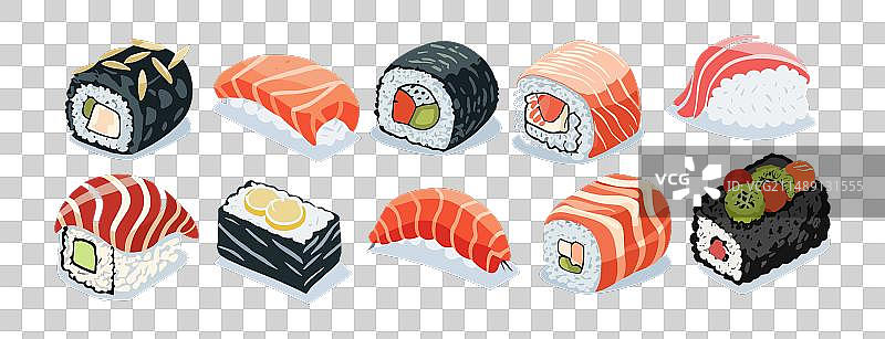 含鱼肉、米饭、海苔、鱼子酱的亚洲寿司图片素材