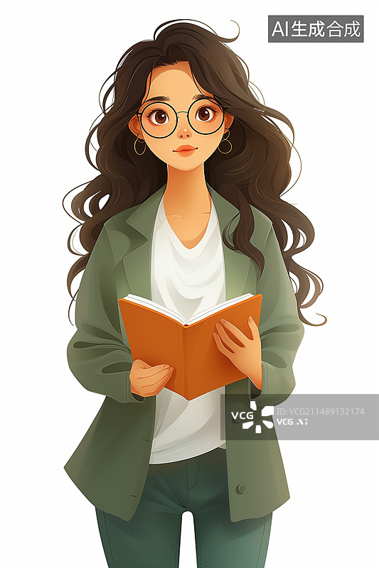 【AI数字艺术】白色背景下拿着书的年轻女教师卡通形象图片素材