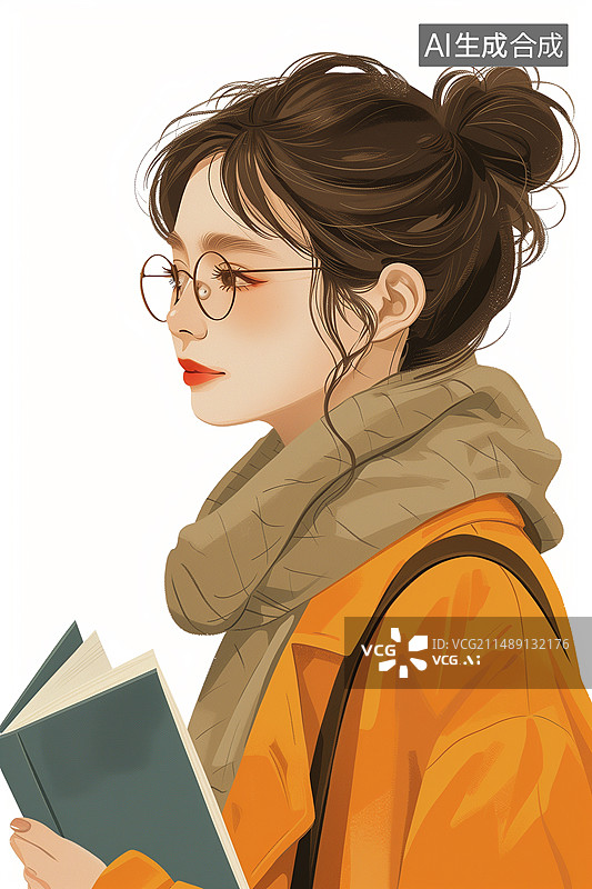 【AI数字艺术】白色背景下拿着书的年轻女教师卡通形象图片素材