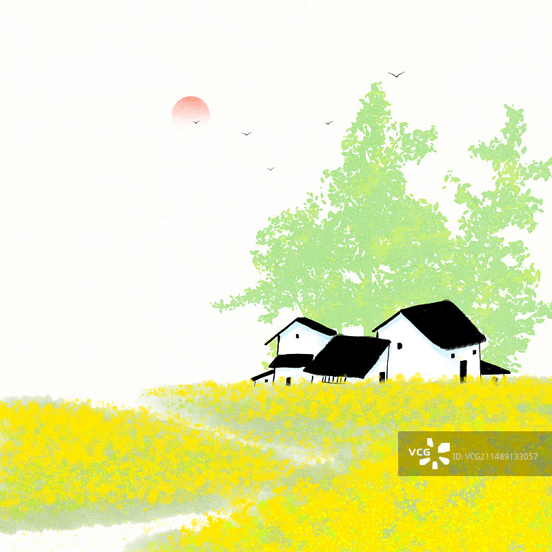 二十四节气春天江南水乡村油菜花盛开农业风景插画图片素材