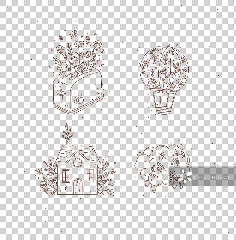 手绘热气球烤面包机村庄图片素材