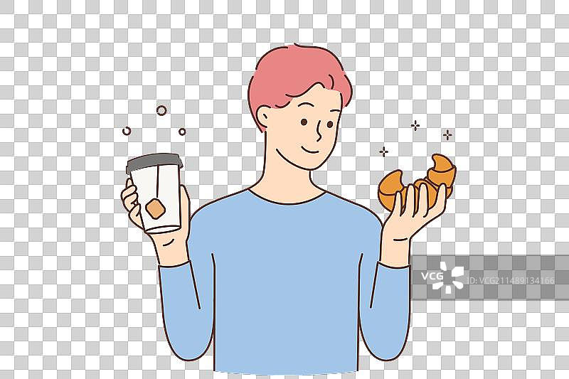 面带微笑的男子拿着外卖羊角面包和茶图片素材
