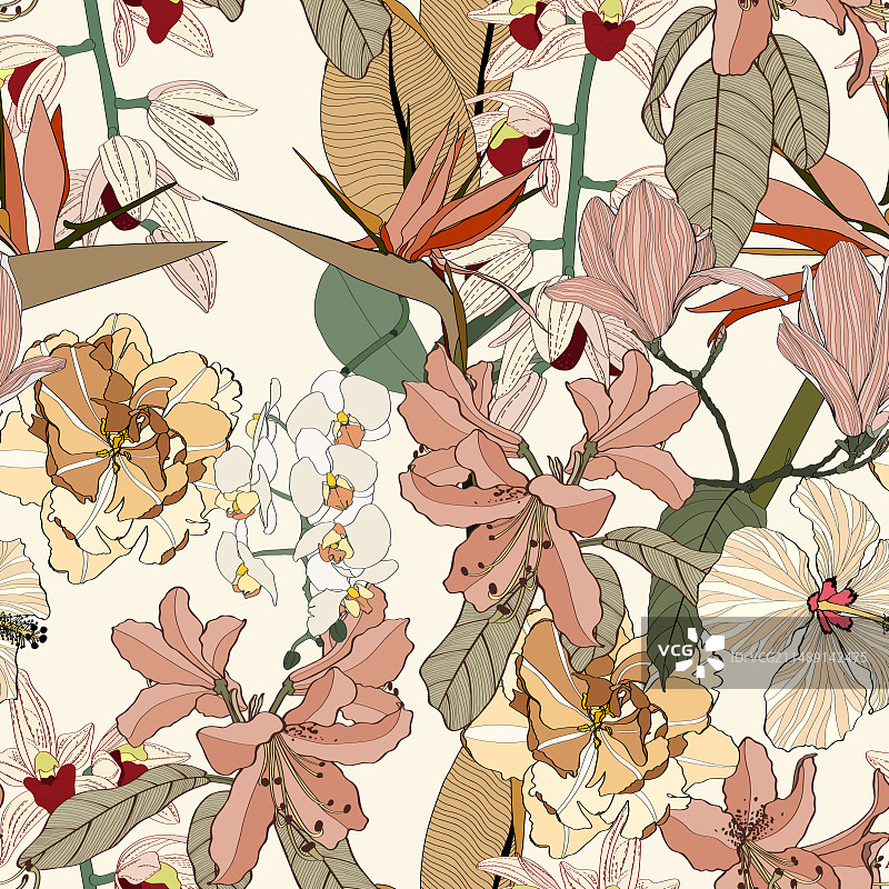 复古色彩无缝热带花卉图案图片素材