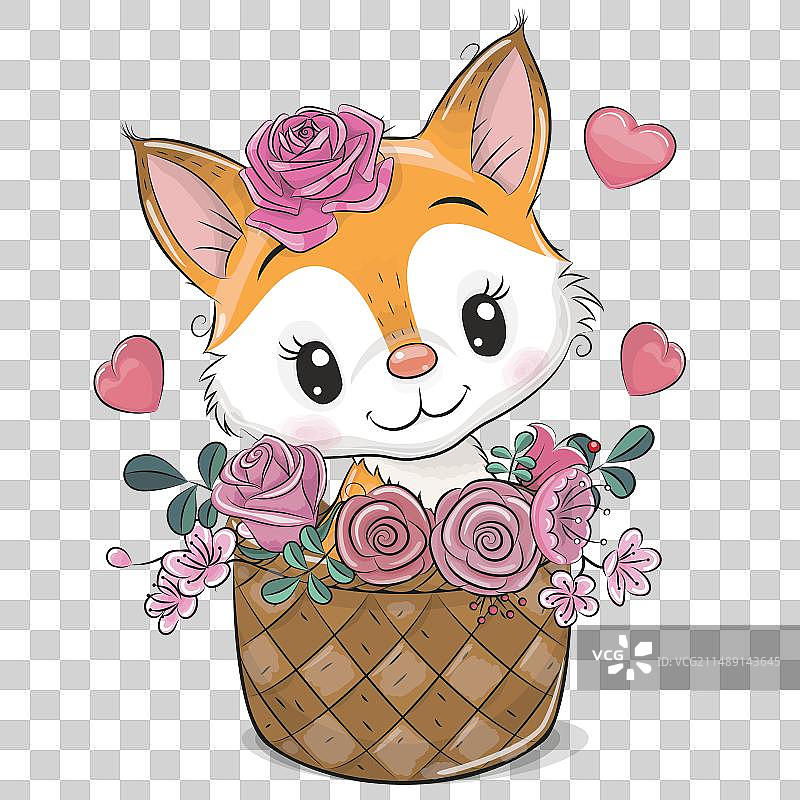 白色背景下花篮里的卡通狐狸图片素材