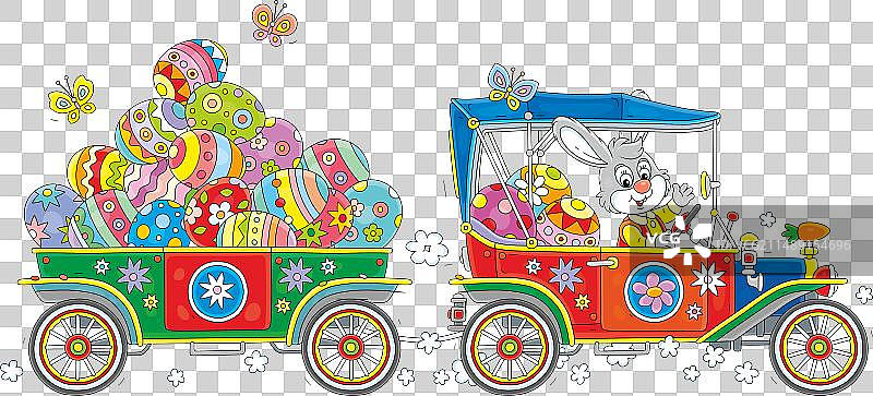 复活节兔子驾驶复古汽车送礼物图片素材