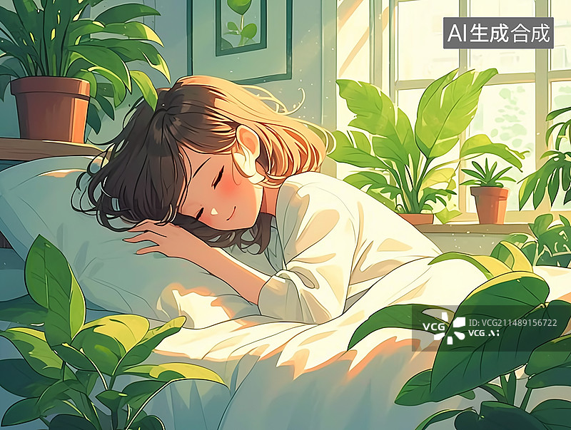 【AI数字艺术】在家睡在床上的女孩图片素材