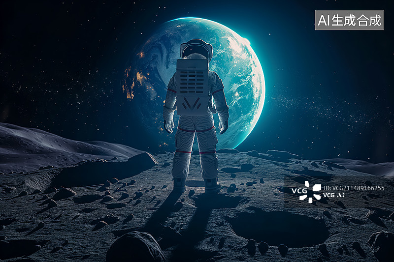 【AI数字艺术】月球上穿着宇航服的宇航员图片素材