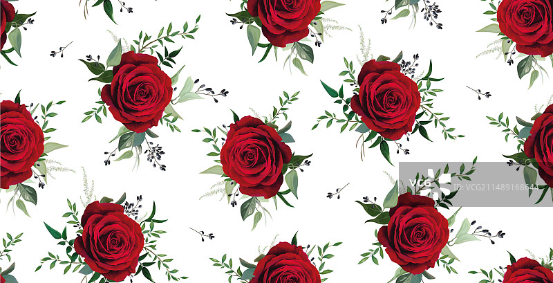 波西米亚风格红色玫瑰花园树叶无缝图案图片素材