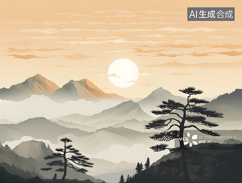 【AI数字艺术】东方意境山顶日落云海松树图片素材