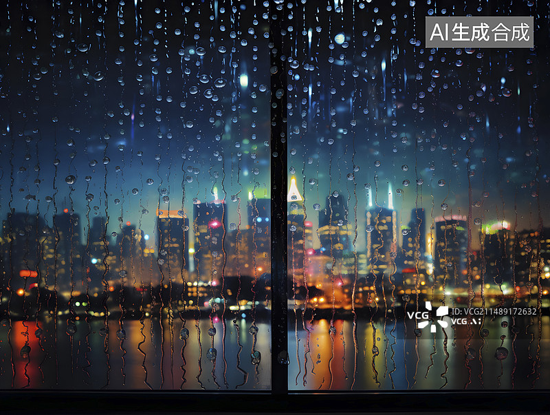 【AI数字艺术】下雨天玻璃窗外的城市插画图片素材