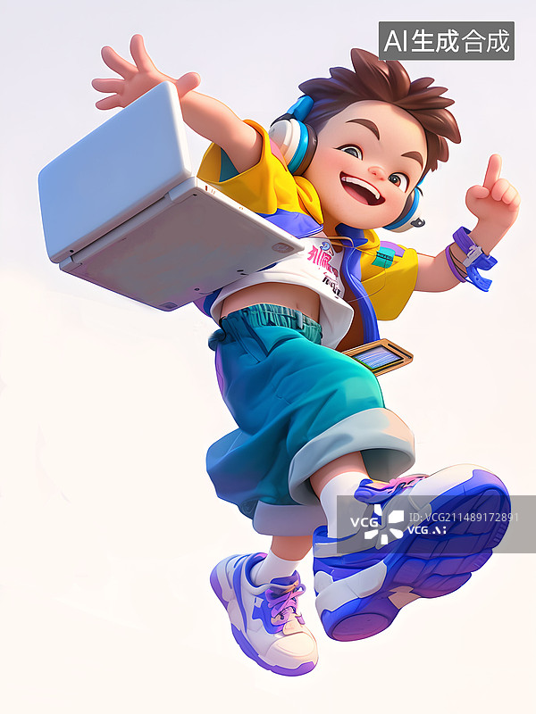 【AI数字艺术】拿着科技产品的3D青少年插画图片素材