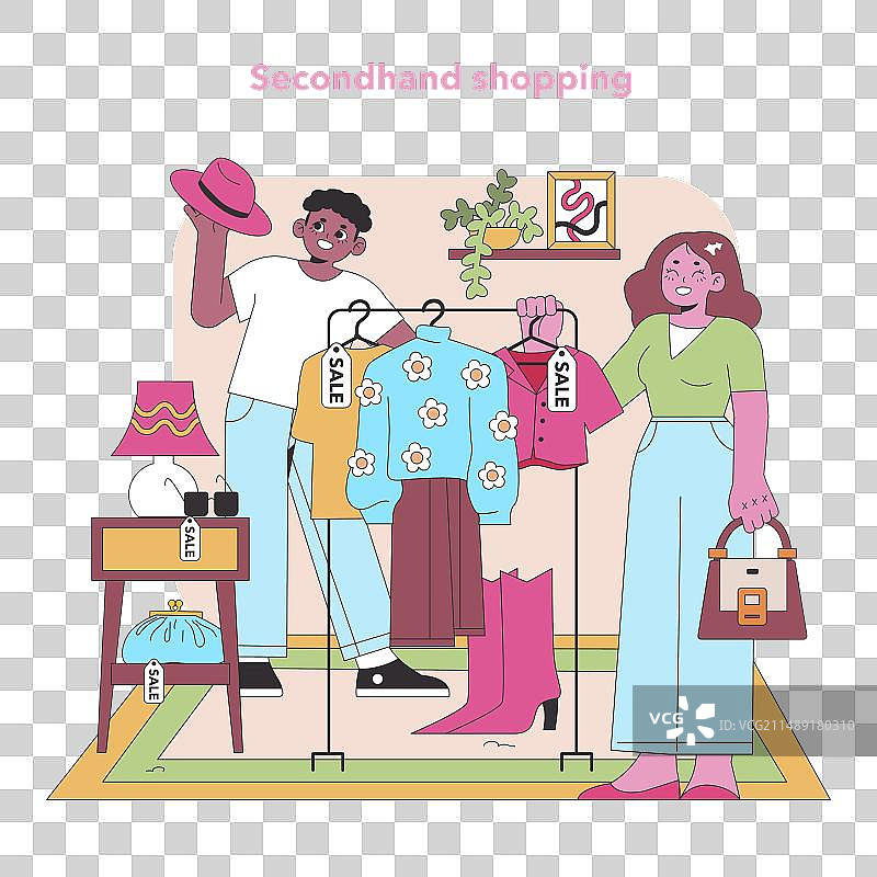 快乐的购物者浏览节俭商品图片素材