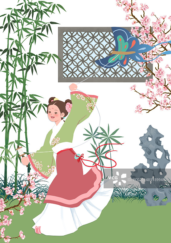 园林里放风筝的汉服女孩图片素材