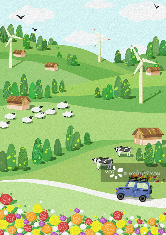 清新水彩春天草地插画图片素材