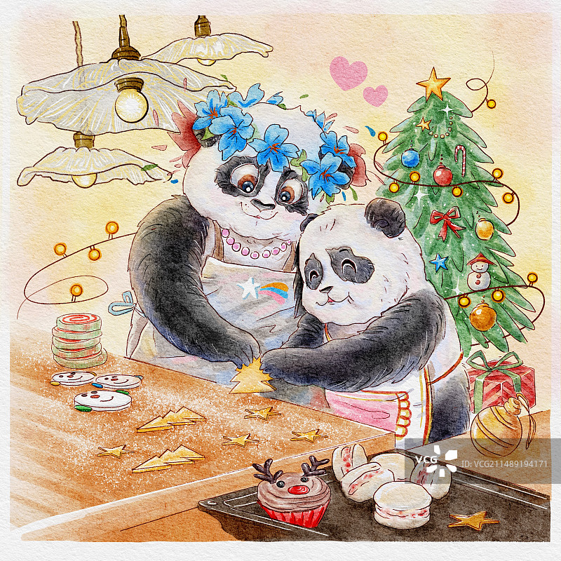 熊猫母女的圣诞节美食图片素材