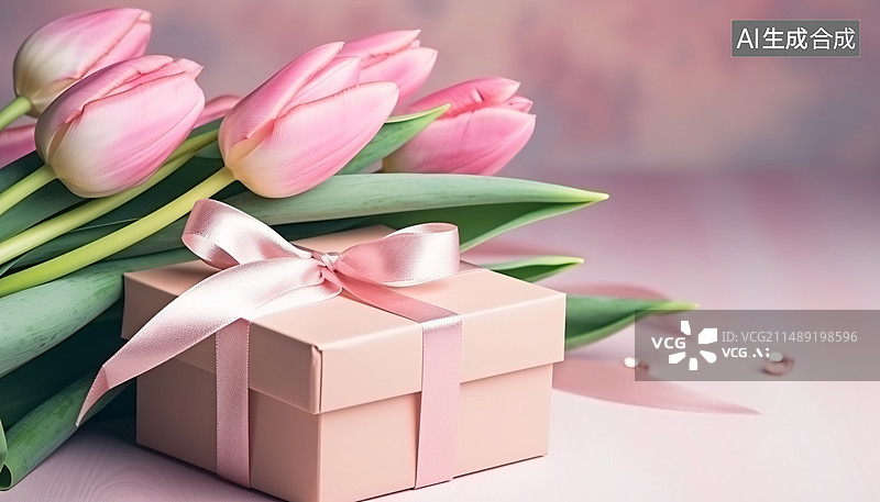 【AI数字艺术】郁金香和礼品盒在白色背景顶视图，情人节感恩节概念插图郁金香和礼品盒在白色背景顶视图，情人节感恩节概念图片素材