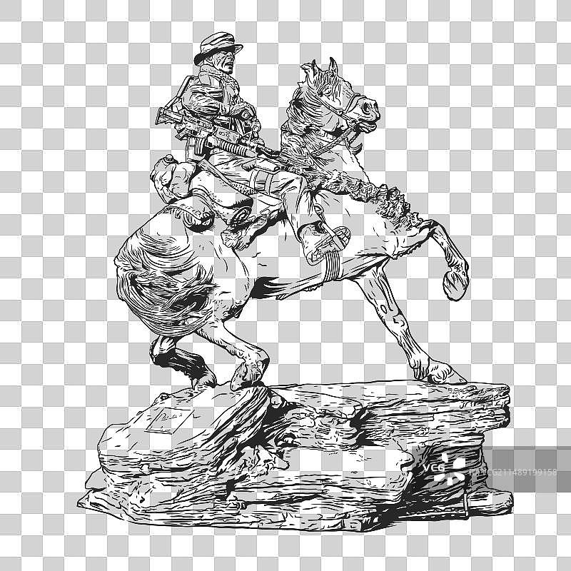 穿着复古装备的士兵骑在马背上图片素材