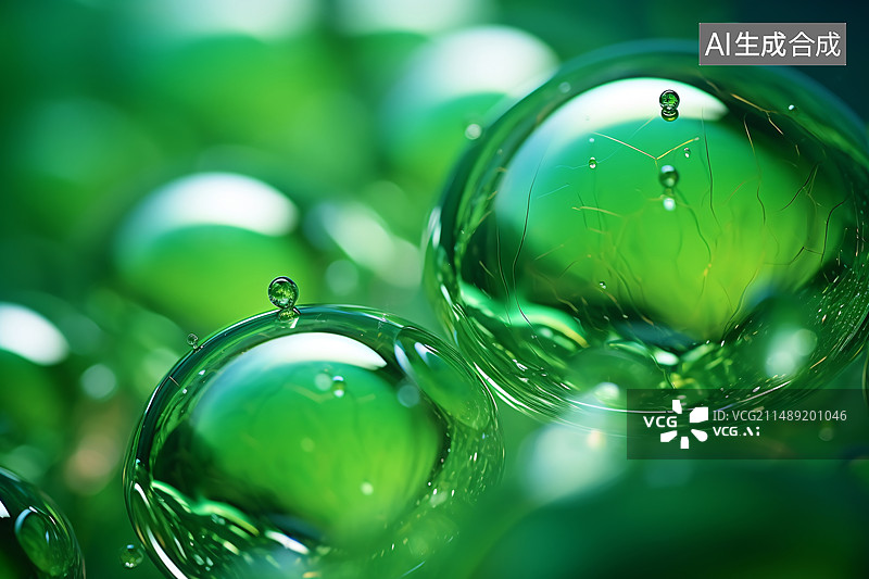 【AI数字艺术】光滑水面和绿色背景中的泡泡，化妆品成分分子概念插图图片素材