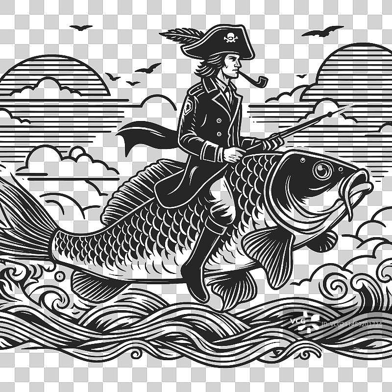 海盗船长骑鱼素描图片素材