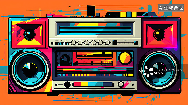 【AI数字艺术】复古磁带音响播放器插画图片素材