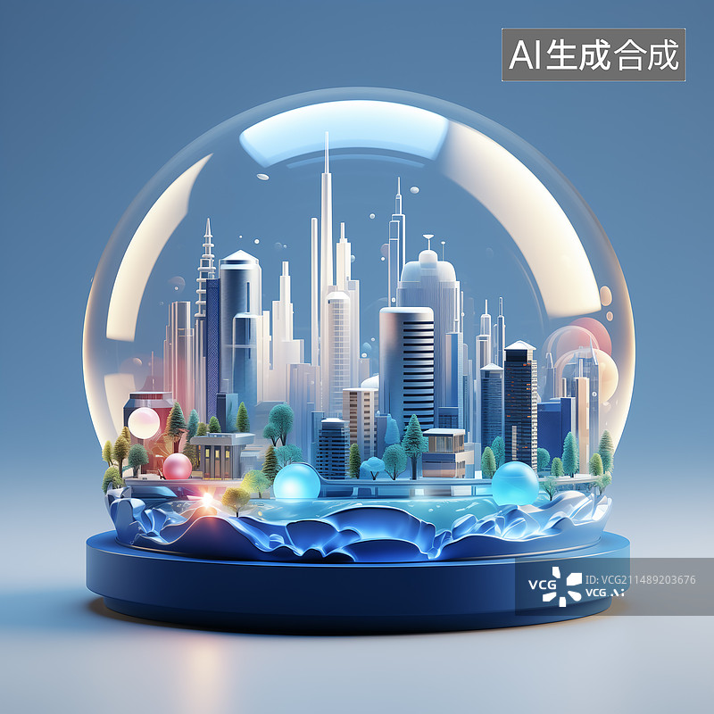 【AI数字艺术】3D，城市，玻璃材质，图标风格图片素材